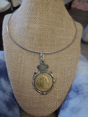Coin & Crest Pendant On Collar Hoop Necklace